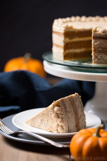 This recipe makes a gorgeous three-layer naked Pumpkin cake frosted with Graham Cracker Cream Cheese Buttercream. It is moist, fluffy and subtle in its sweetness. Excellent for thanksgiving and any fall occasion! www.Frances.Menu